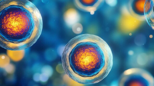 Explore the detailed view of cells with vibrant colors highlighting their structures in a scientific laboratory environment