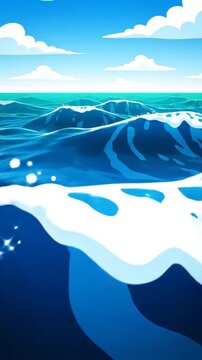 Stylized ocean waves with white foam under a clear blue sky and clouds in cartoon style illustration