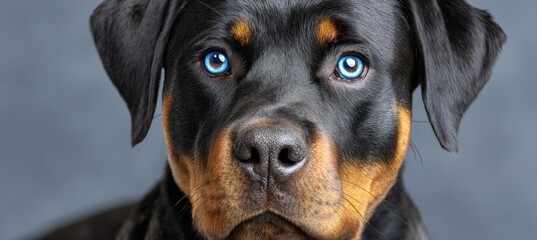 Fototapeta premium Charming Rottweiler Portrait Captivating Gaze and Loving Expression Against a Soft, Clean Backdrop