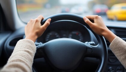 A driver safely holding the steering wheel of a car, demonstrating responsible driving in rain