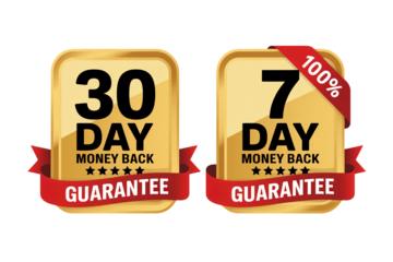 Assurance with 30 day and 7 day money back guarantees, ensuring customer satisfaction and building trust with 100% guarantee, building brand loyalty