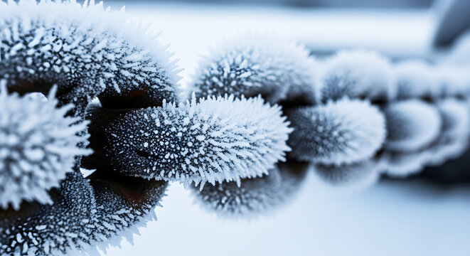 Snow cover on a chain close-up in winter frost  