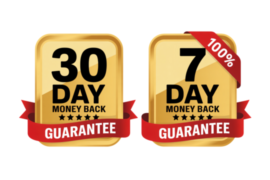 Assurance with 30 day and 7 day money back guarantees, ensuring customer satisfaction and building trust with 100% guarantee, building brand loyalty