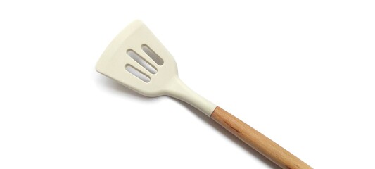 White Silicone Slotted Spatula with Wooden Handle. Cooking Preparation. Isolated on White Background