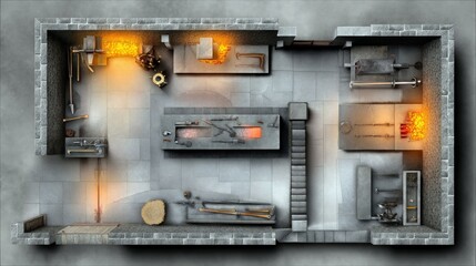 Overhead view of a blacksmith's workshop interior, featuring various tools, forges, and a fiery furnace. The scene is illuminated by warm, artificial light.