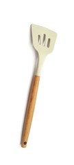 White Silicone Slotted Spatula with Wooden Handle. Cooking Preparation. Isolated on White Background