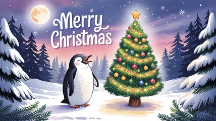 Cute penguin celebrating merry christmas in a snowy winter wonderland night