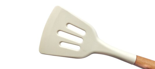 White Silicone Slotted Spatula with Wooden Handle. Cooking Preparation. Isolated on White Background