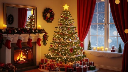 Fototapeta premium Cozy Christmas living room with decorated tree, fireplace, and festive decorations