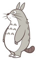 Naklejka premium A charming illustration of a large, grey, furry forest spirit character with pointed ears and whiskers, standing upright.