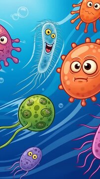 Funny Cartoon Microbes and Bacteria Floating in Blue Water.