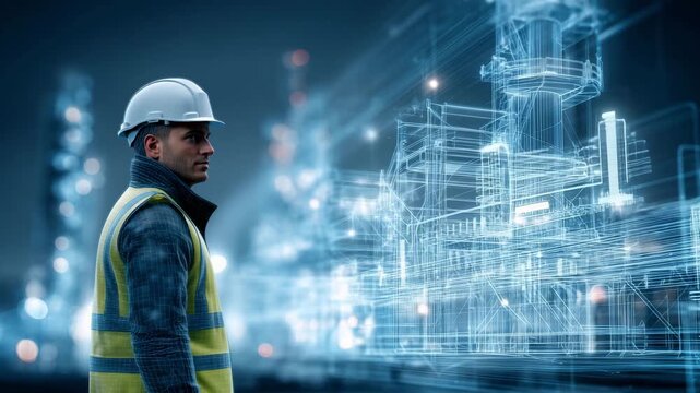 An engineer in a hard hat and safety vest reviews digital blueprints at an industrial site while considering project plans