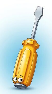 Funny Cartoon Screwdriver Character with Big Eyes and Yellow Handle.