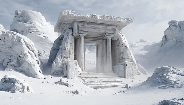 Temple gateway mockup with white plasma console inside snowy alien terrain