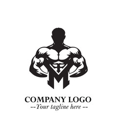 Fototapeta premium Man With Muscle Logo Symbol in Black on White Background for Strong Bold Fitness Branding Design Art