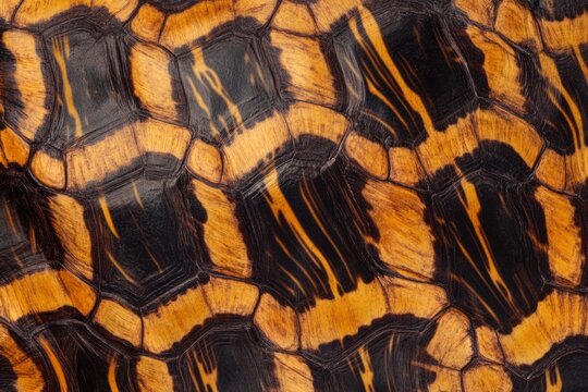 Turtle shell texture with copy space. Close-up turtle pattern. Reptile shell design. Turtle scales. Realistic turtle shell. Turtle design texture. Detailed turtle shell close-up. Wild Animal texture.	