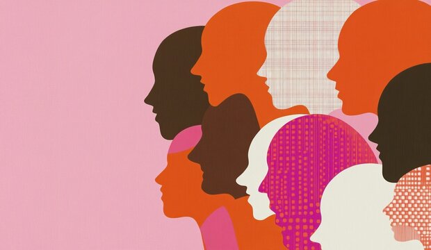 Artistic black history month card featuring colorful silhouettes on pink background