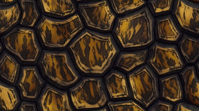 Turtle shell texture with copy space. Close-up turtle pattern. Reptile shell design. Turtle scales. Realistic turtle shell. Turtle design texture. Detailed turtle shell close-up. Wild Animal texture.	