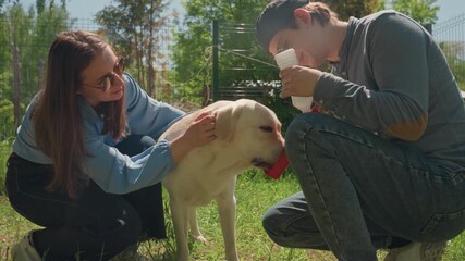dog soothing scene, companions comforting playful dog, relaxed friends caring for energetic canine, gentle friends share tender moments with cheerful labrador amid peaceful outdoor environment
