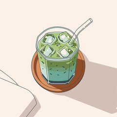 A refreshing iced matcha latte, presented in a stylish faceted glass with a clear straw on a wooden coaster, featuring a clean, minimalist illustration style.