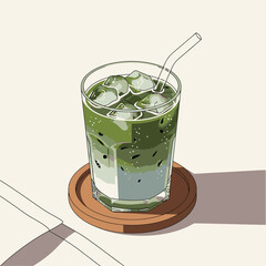 A refreshing, minimalist illustration of a vibrant iced matcha latte in a clear glass with a straw, resting on a wooden coaster, ideal for a cool drink.