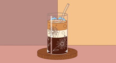A refreshing, layered iced coffee drink, elegantly presented in a tall glass with delicate floral patterns and a straw, resting on a wooden coaster.