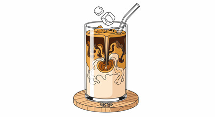 An appealing illustration of a tall glass of iced coffee, featuring creamy milk swirling into a dark brew, with ice cubes and a wooden coaster.