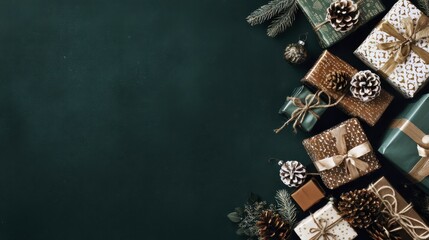 Elegant christmas gift arrangement with pine cones and festive decorations on dark green background