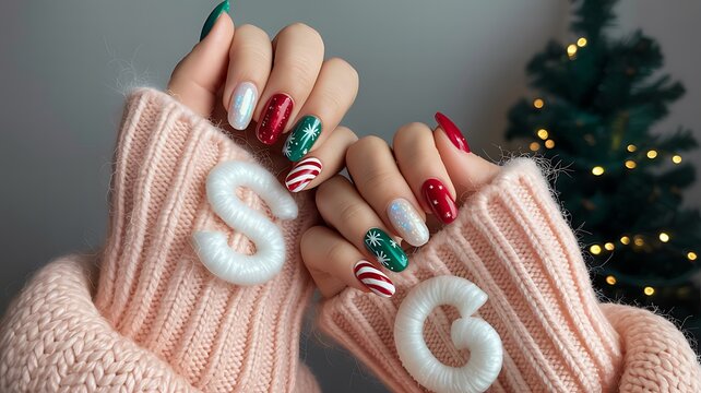 Festive christmas manicure on female hands in cozy sweater, holiday theme