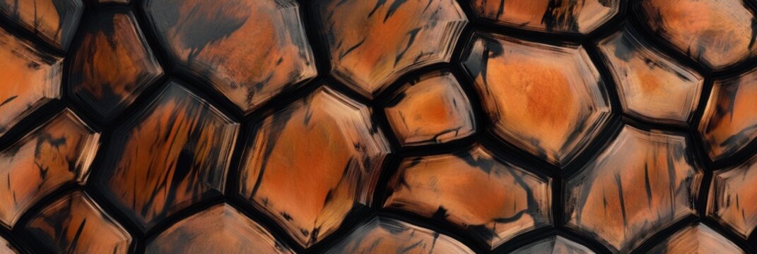 Turtle shell texture with copy space. Close-up turtle pattern. Reptile shell design. Turtle scales. Realistic turtle shell. Turtle design texture. Detailed turtle shell close-up. Wild Animal texture.	