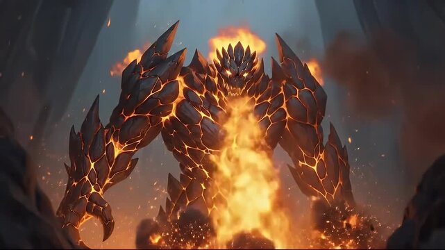 Powerful fire elemental golem with molten lava and burning rock body in a dark cavern
