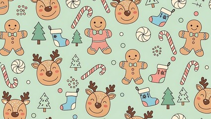 Fototapeta premium Festive Christmas pattern featuring gingerbread men, reindeer, candy canes, stockings, and trees on a mint green background