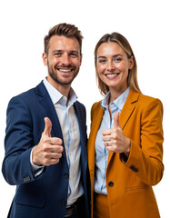 Smiling professionals giving thumbs up with confidence in business attire