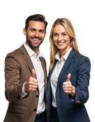 Two business professionals smiling and giving thumbs up in formal attire against a white background