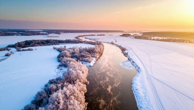 An aerial view of a river winding through a snow-covered landscape at sunrise. The trees are covered in frost, and the sky is a gradient of colors.