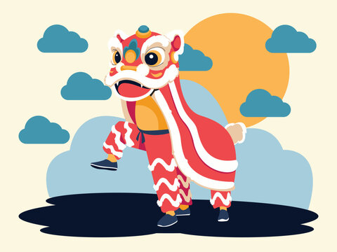 Acrobatic Chinese Lion Dance Illustration