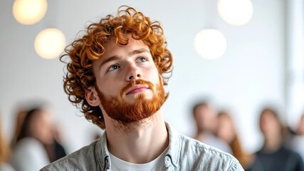 A Thoughtful Man Gazing Upwards in a Room, Considering Ideas and Contemplating