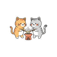 Cute cats cooking cheese fondue with chopsticks vector illustration