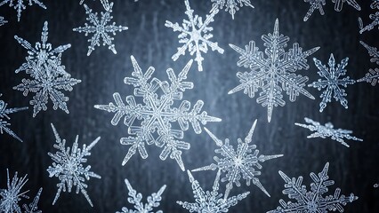Close-up of intricate snowflakes against a dark background, showcasing detailed crystalline structures.