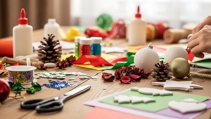Crafting table with Christmas decorations, pinecones, paper cutouts, glue, and scissors for holiday DIY projects