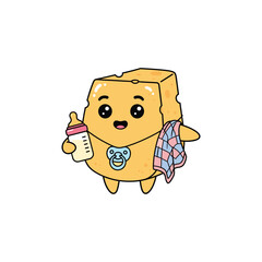 Cute cheese baby character with milk bottle flat vector design