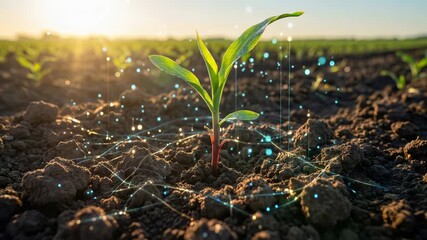 Young seedling growing in soil with glowing network lines and dots. Smart agriculture concept for farming innovation and digital technology footage - Powered by Adobe