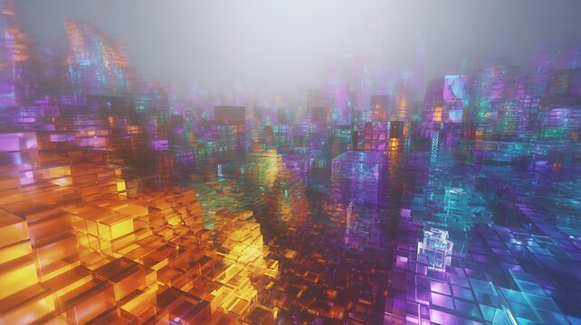Abstract futuristic city made of colorful glowing transparent cubes and fog