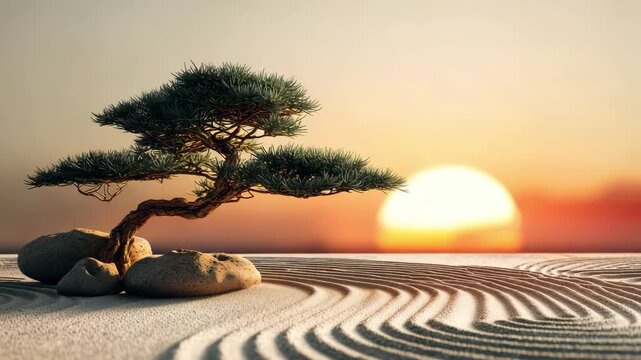A serene bonsai tree stands amidst smooth stones and raked sand as the sun sets, creating a peaceful atmosphere