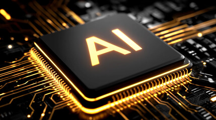 AI microchip glowing on digital circuit board
