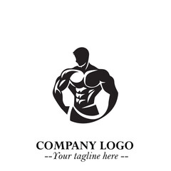 Fototapeta premium Man With Muscle Logo Symbol in Black on White Background for Strong Bold Fitness Branding Design Art