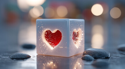 Ice cube with shining red heart inside love concept