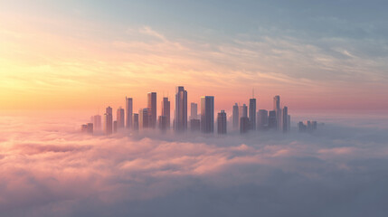Modern skyscrapers floating in misty cloudscape