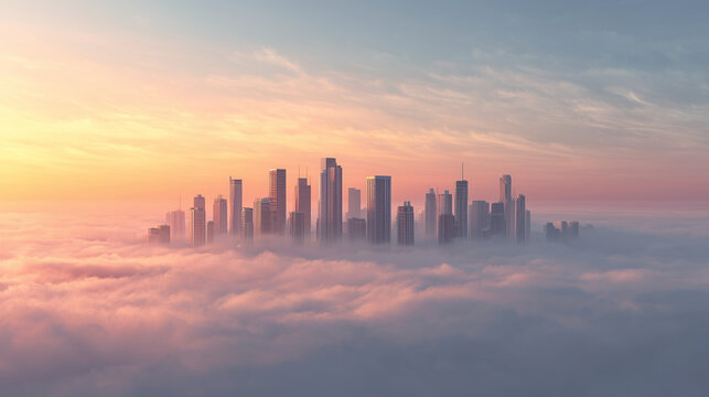 Modern skyscrapers floating in misty cloudscape