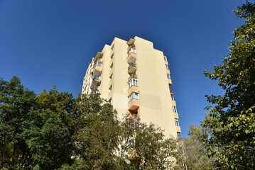 Typical facade of concrete panel building. Post Soviet flat of blocks